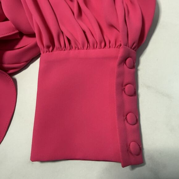 Amanda Uprichard BEXLEY One Shoulder Blouse Size L Lacquer Pink Long Sleeve Tie - Picture 7 of 11